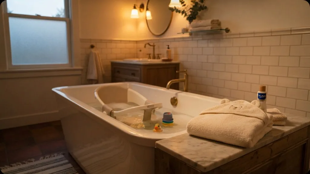Bedtime Routine: How to Build One Your Baby (and You) Can Stick With A cozy baby bathtub with a hooded towel folded nearby, set up for an evening bath