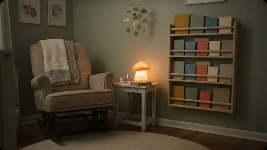 Bedtime Routine: How to Build One Your Baby (and You) Can Stick With A nursery corner with a rocking chair, a soft nightlight, and a shelf of plain blank board books