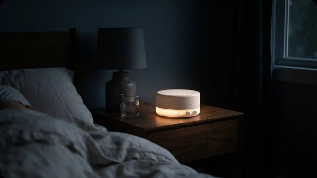 Bedtime Routine: How to Build One Your Baby (and You) Can Stick With A white noise machine glowing on a nightstand in a darkened bedroom