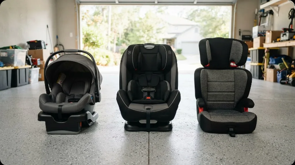 Three car seats of different sizes lined up together: infant, convertible, and booster