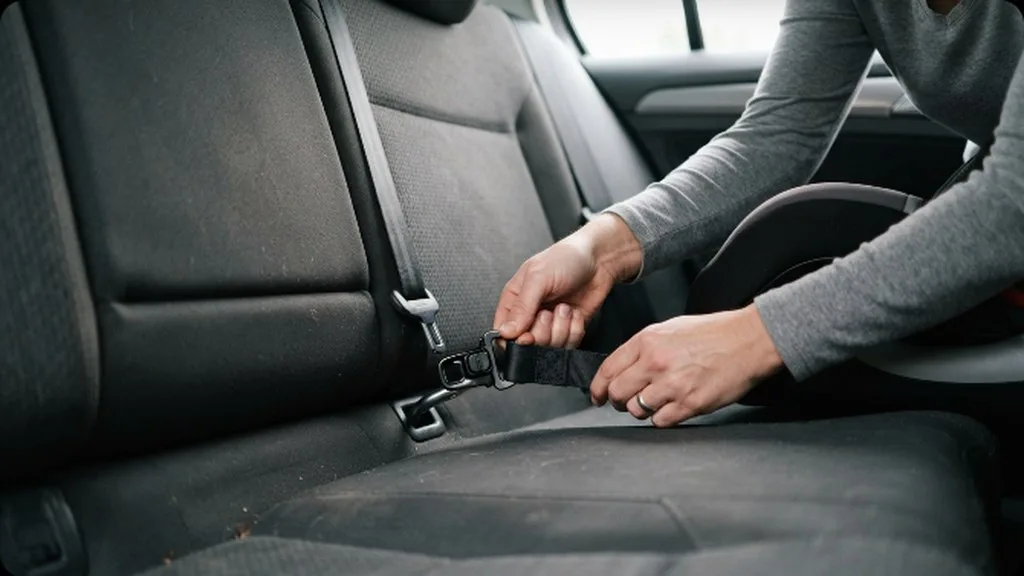 A close view of a car seat's lower anchor strap clipped into the rear seat anchor point