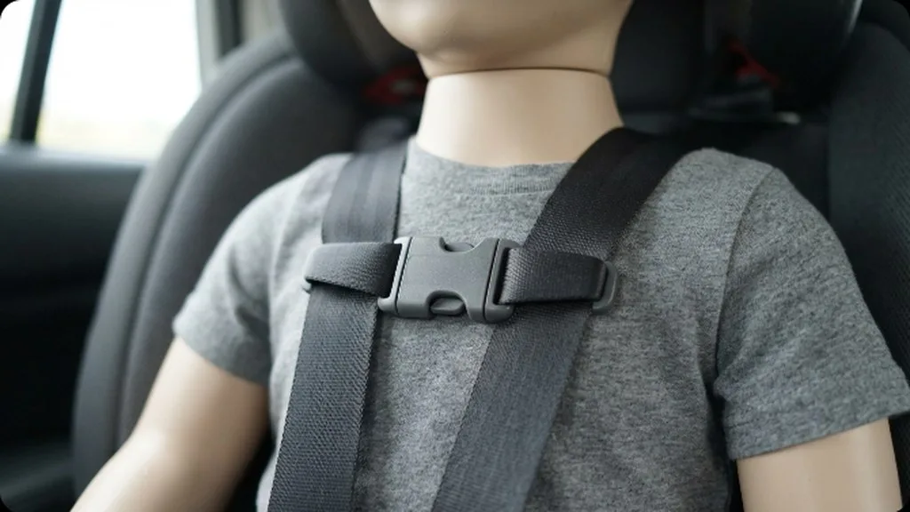 A car seat harness strap positioned at the correct chest clip height