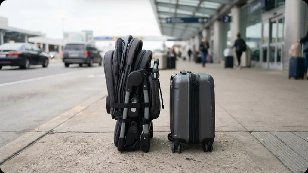 A compact travel car seat folded beside a small suitcase at an airport curb