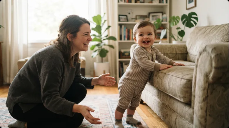 A baby pulling up to stand at a couch while a smiling parent kneels nearby encouraging them, in a cozy living room with natural light