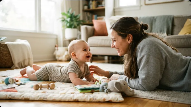 A baby doing tummy time on a play mat, head lifted and smiling, with a parent lying face-to-face nearby in a bright living room
