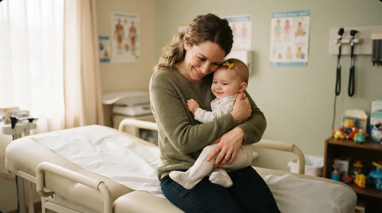 A parent hugging their baby closely on an exam table during a pediatrician well-visit, warm and calm doctor's office setting