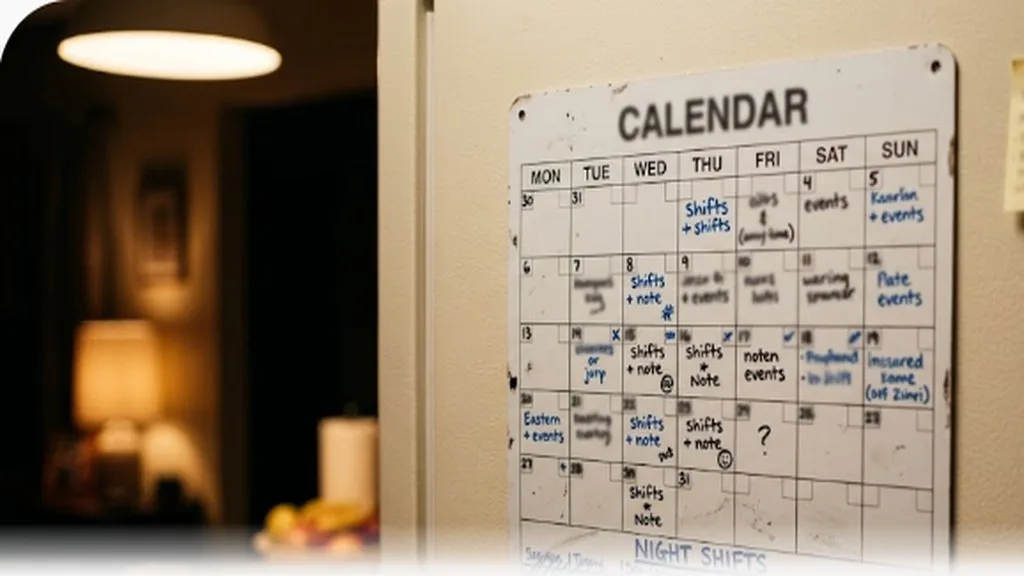 Splitting Nighttime Duties: A Fair System for New Parents A shared calendar on a kitchen fridge with a night-shift schedule sketched out