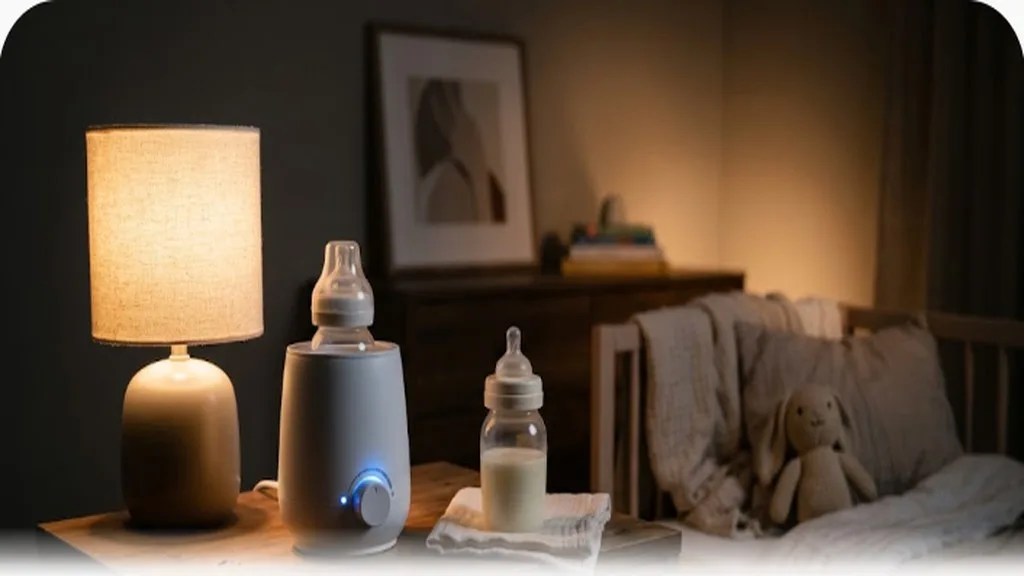 Splitting Nighttime Duties: A Fair System for New Parents A bottle warmer and a bottle of pumped milk resting on a nightstand beside a soft lamp