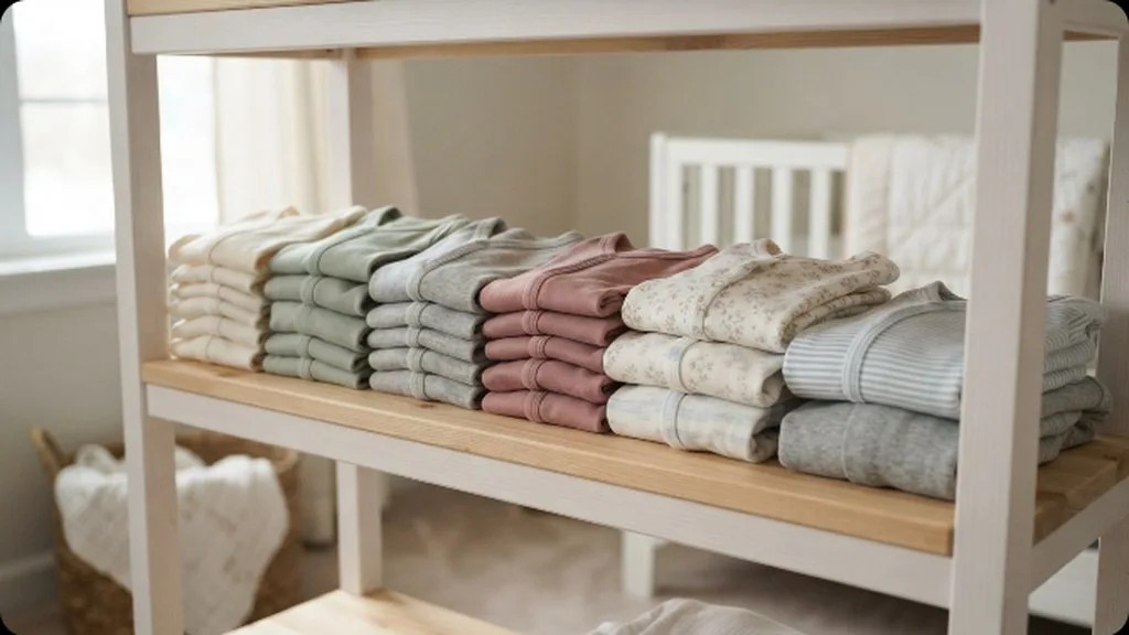 Newborn Essentials Checklist: What You Actually Need Before Baby Arrives Neatly folded stacks of newborn-size onesies and sleepers on a shelf