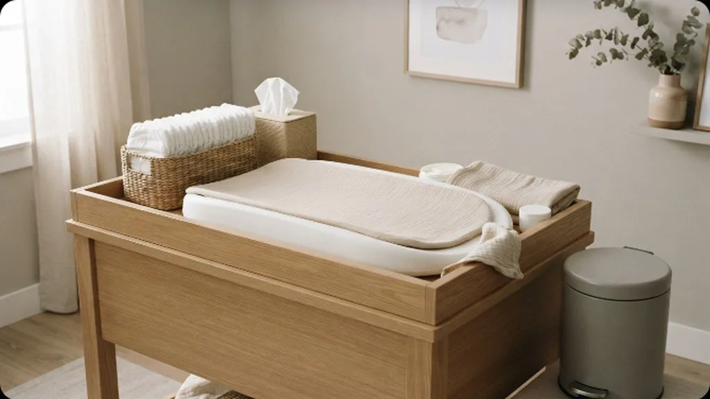 Newborn Essentials Checklist: What You Actually Need Before Baby Arrives A stocked changing table with diapers, wipes, and a small trash pail