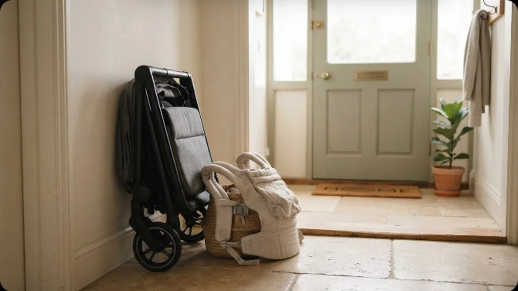 Newborn Essentials Checklist: What You Actually Need Before Baby Arrives A folded stroller and a soft baby carrier resting near a front door