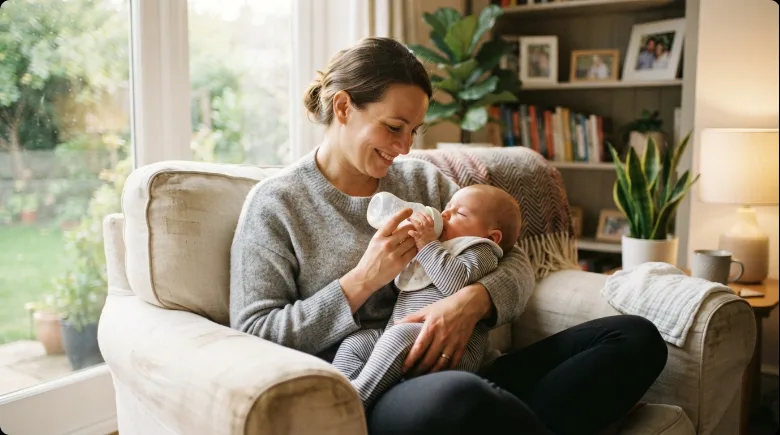 A smiling parent bottle-feeding a baby while sitting in a cozy living room armchair