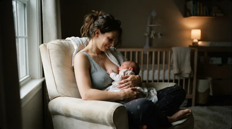 A parent breastfeeding a newborn baby in a quiet nursery in soft early morning light
