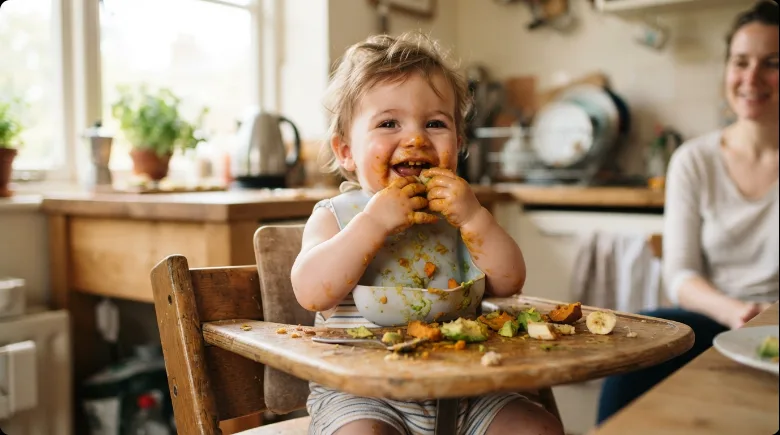 A happy baby in a high chair eating soft finger foods with their hands, messy face, bright kitchen
