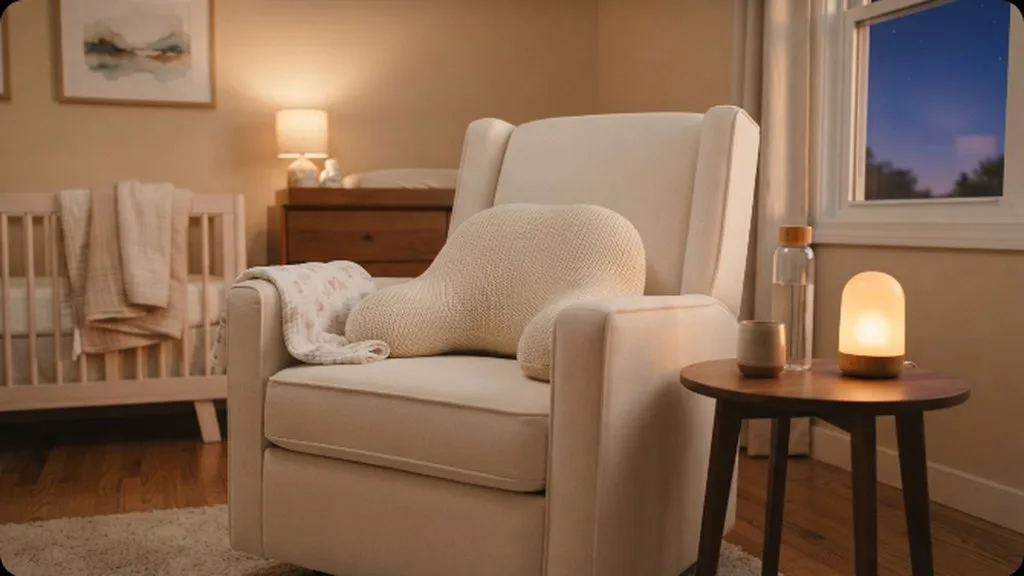 Newborn Feeding Schedule: How Often Should You Actually Feed Your Baby A comfortable nursing chair with a support pillow and a water bottle on the side table