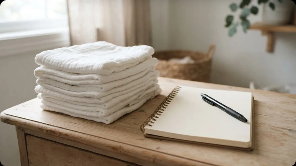 Newborn Feeding Schedule: How Often Should You Actually Feed Your Baby A stack of clean cloth diapers beside a notebook used for tracking feeds