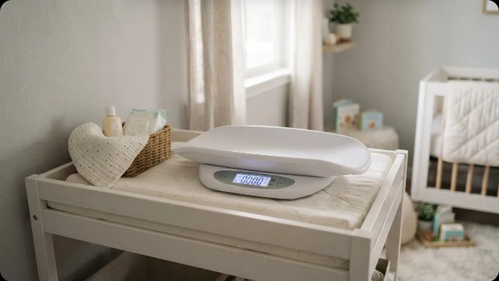 Newborn Feeding Schedule: How Often Should You Actually Feed Your Baby A digital baby scale sitting on a changing table in soft natural light