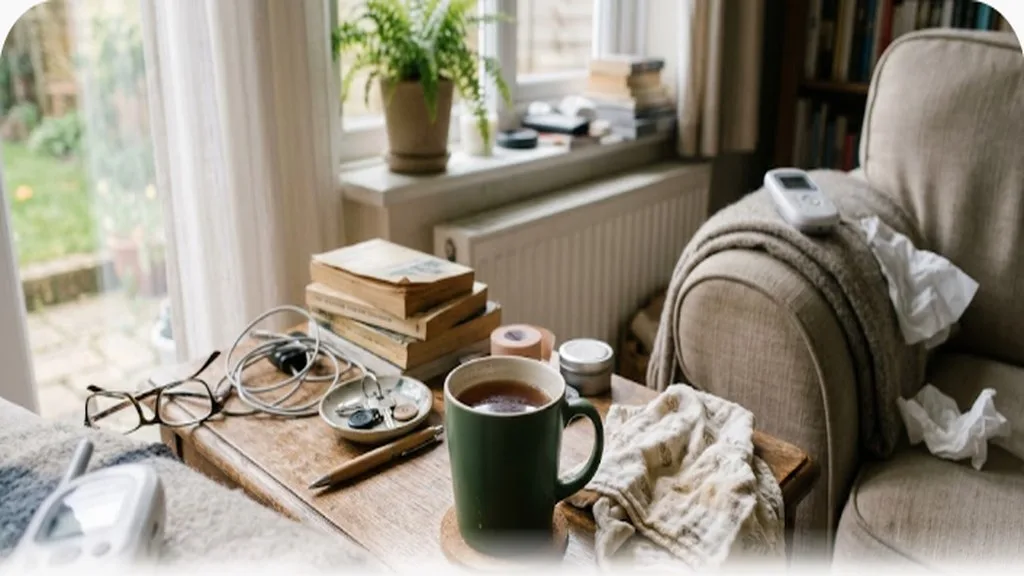 A cup of tea gone cold on a cluttered side table beside a burp cloth