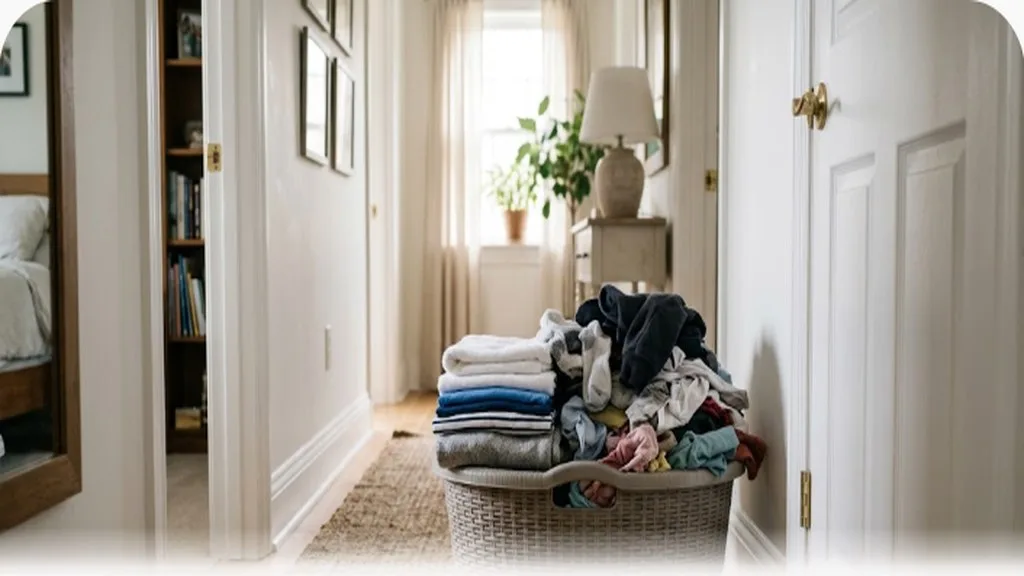 A laundry basket with a mix of folded and unfolded clothes sitting in a hallway