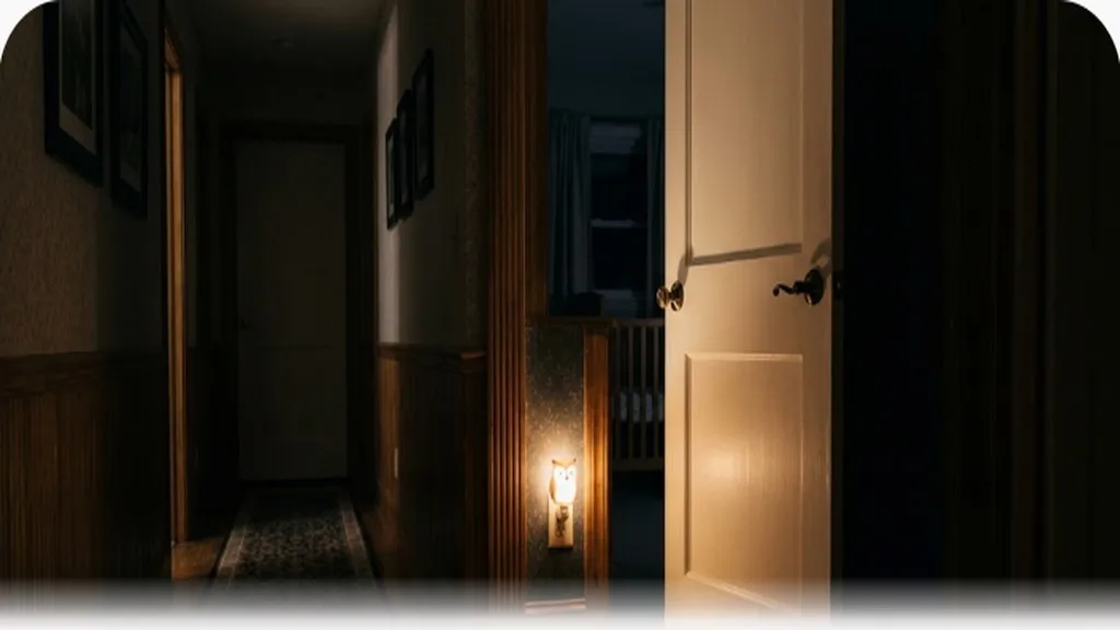 A soft nightlight glowing in a hallway near a nursery door left ajar