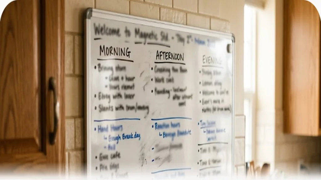 A simple whiteboard on a kitchen wall with a loose daily rhythm sketched out