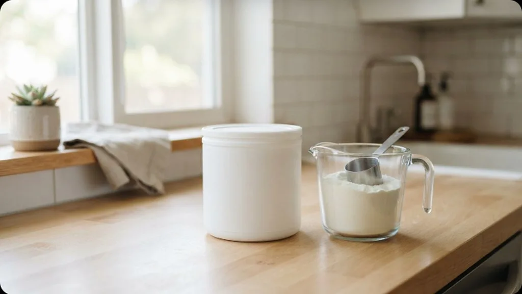 A tub of infant formula powder and a glass measuring cup on a kitchen counter