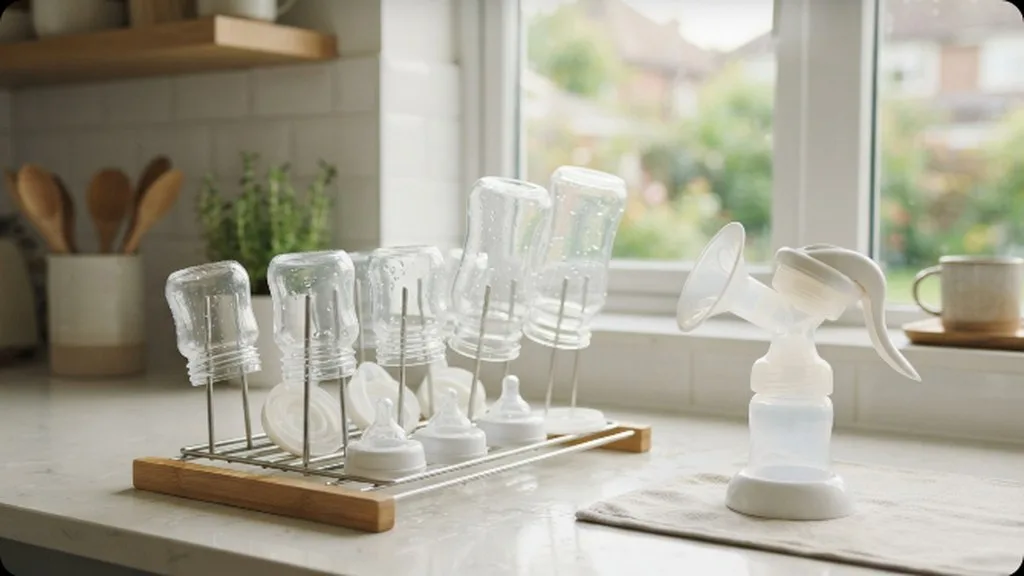 Glass baby bottles drying on a rack beside a breast pump on a kitchen counter