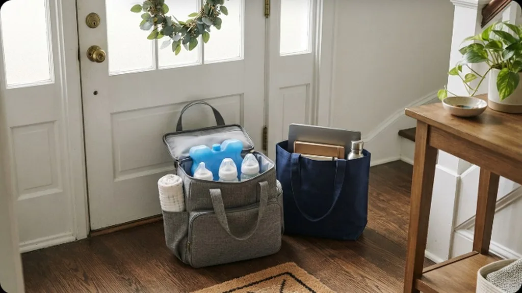 A packed breast pump bag with a cooler pack sitting beside a work tote by the front door