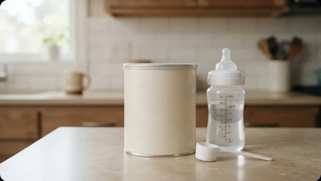 A sealed formula container beside a clean bottle and scoop on a kitchen counter