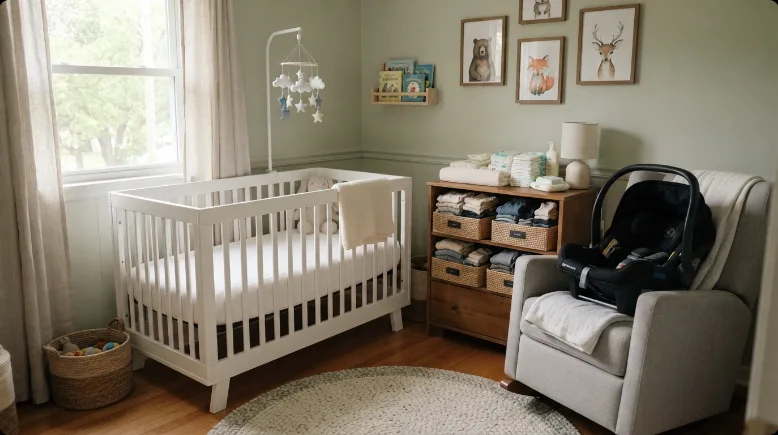 An organized nursery corner with a crib, folded baby clothes, diapers, and an infant car seat on a chair