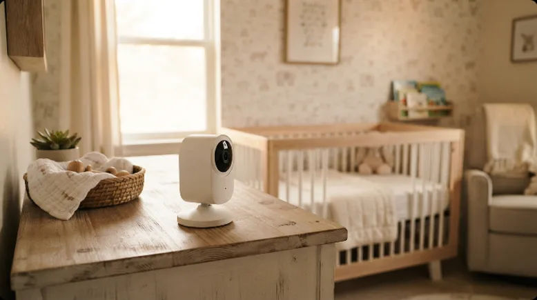A plain white baby video monitor camera on a nursery dresser pointed toward a crib, no people, warm natural nursery lighting