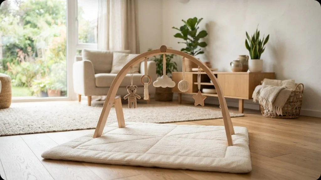 A soft playmat with a baby gym arch and hanging toys in a bright living room