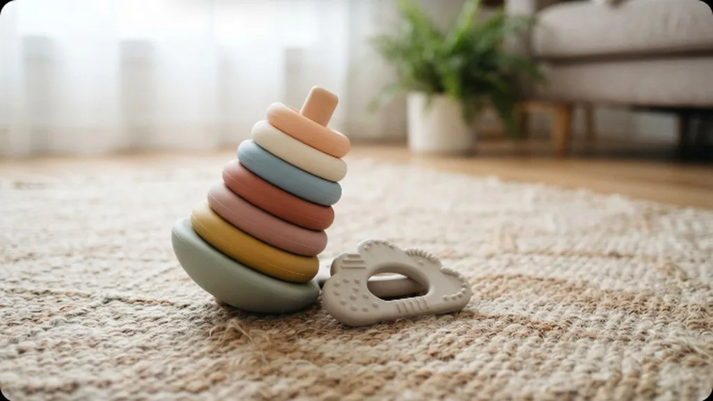 Soft stacking rings and a textured teething toy arranged on a rug