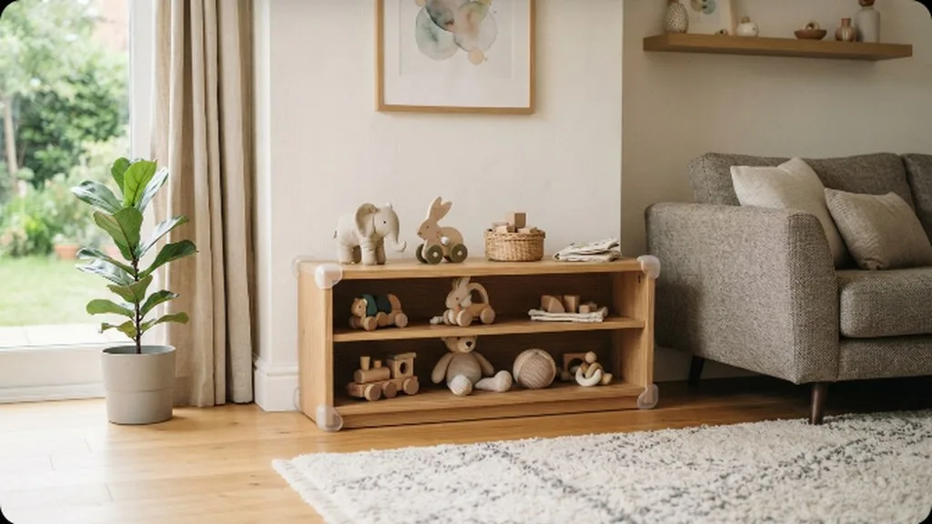 A low wooden shelf with baby-proofed corners and soft push toys nearby