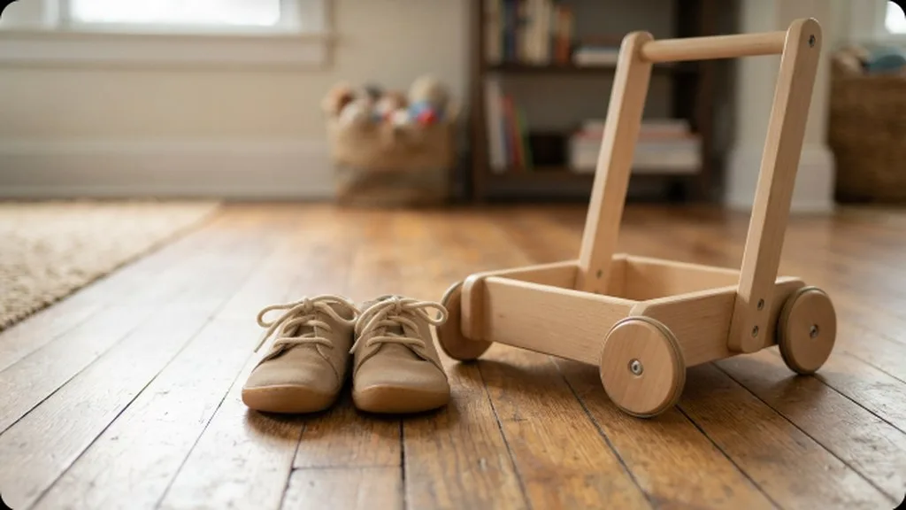 A pair of small first walking shoes beside a push walker toy on a hardwood floor