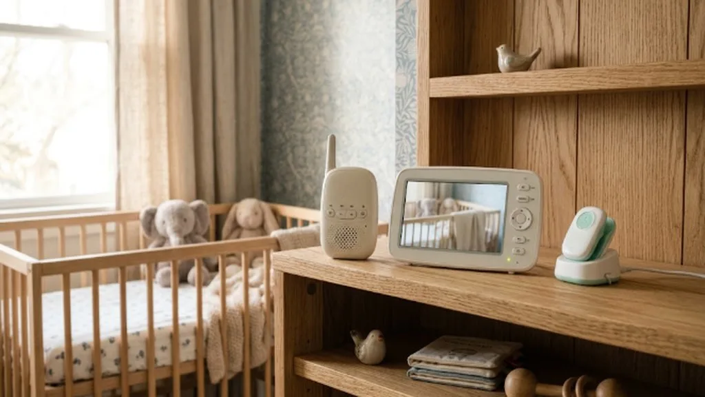 Baby Monitors Compared: Types, Safety, and What Actually Matters An audio monitor, a video monitor screen, and a wearable movement monitor arranged on a shelf
