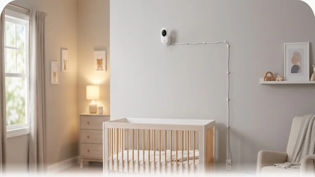 Baby Monitors Compared: Types, Safety, and What Actually Matters A baby monitor camera mounted high on a wall with its cord neatly secured away from the crib
