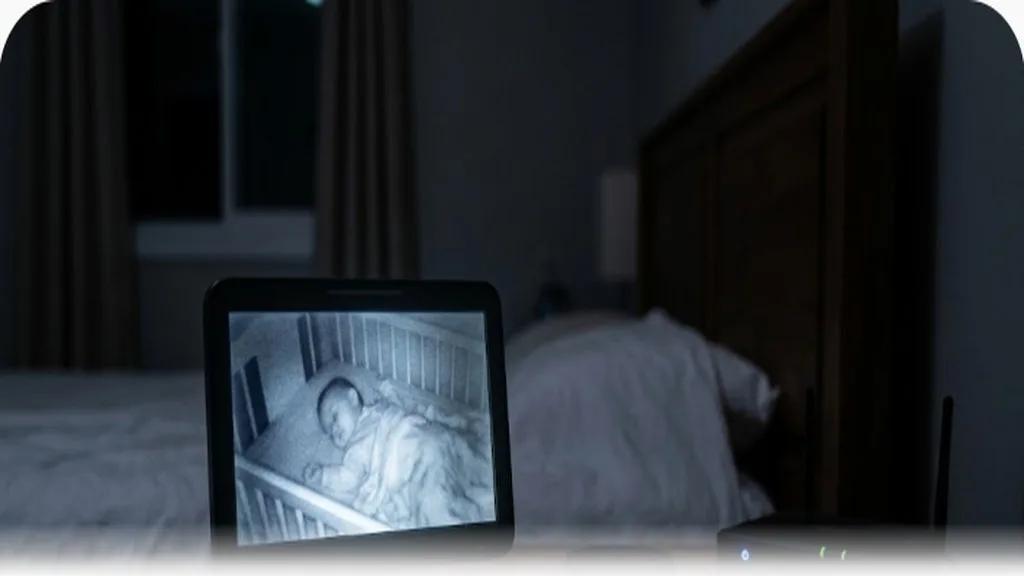 Baby Monitors Compared: Types, Safety, and What Actually Matters A video monitor parent unit glowing on a nightstand with a router in the background