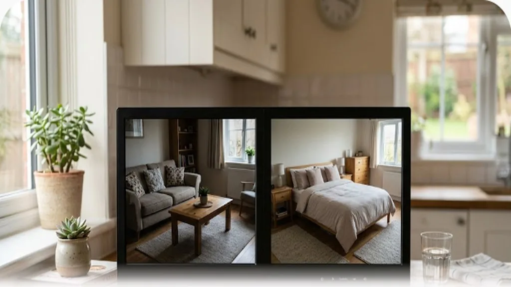 Baby Monitors Compared: Types, Safety, and What Actually Matters A video monitor showing a split view of two quiet rooms, resting on a kitchen counter