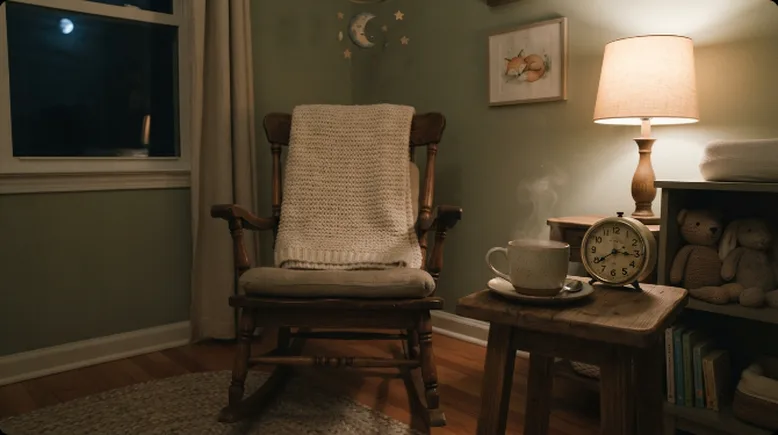 A cozy, dimly lit nursery corner at night with an empty rocking chair, a warm lamp, a cup of tea, and a clock showing early morning hours, no people