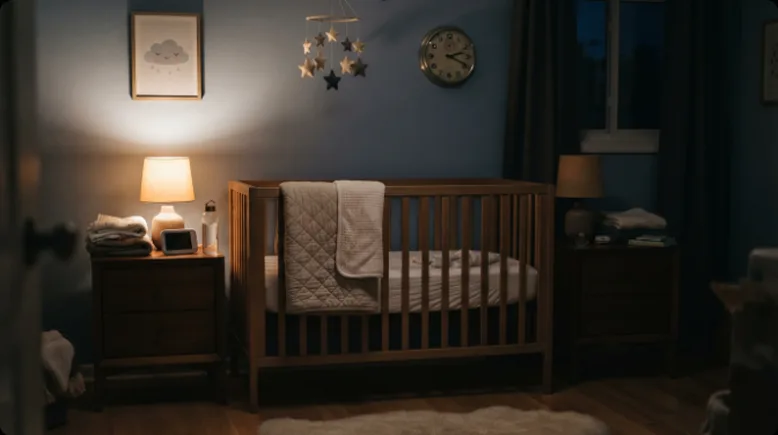 A dimly lit nursery at night with a wooden crib flanked by two nightstands, one lamp glowing warmly and the other dark, a clock on the wall, no people