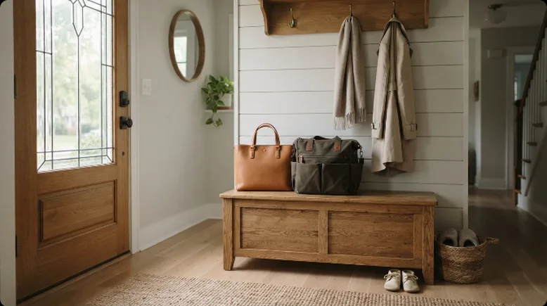 A tidy entryway bench with a work tote bag and a baby diaper bag sitting side by side, small baby shoes nearby, coats hanging above, morning light through the front door, no people