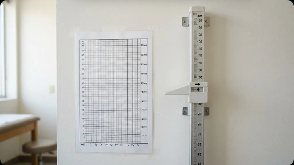 A pediatric growth chart on a clinic wall beside a height measuring rod