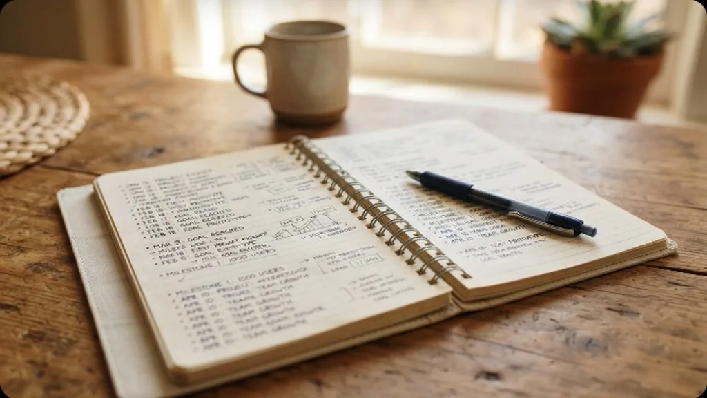 A notebook open on a kitchen table with a pen, used for jotting down developmental notes