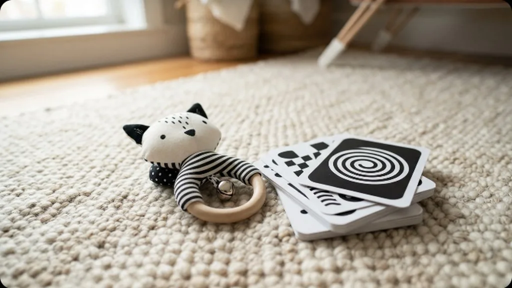 A soft rattle toy beside high-contrast black and white cards on a rug