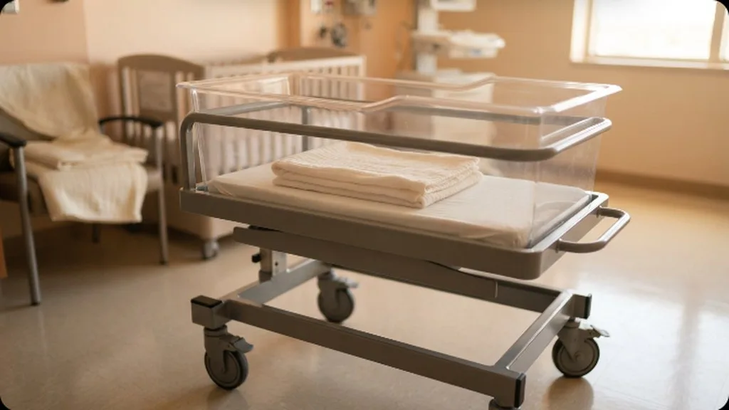A cozy bassinet with a neatly folded soft blanket in a warm nursery setting