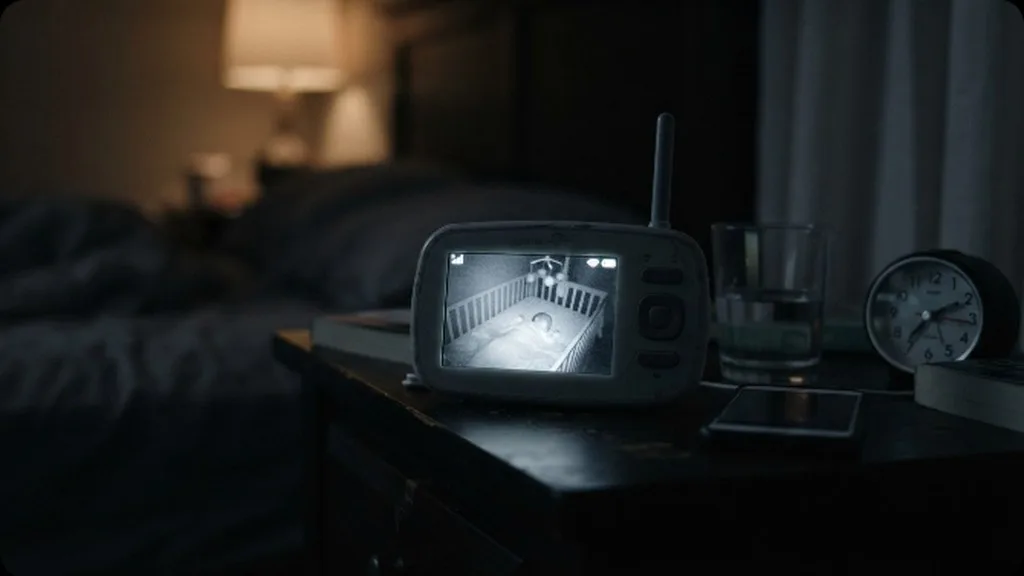 The 4-Month Sleep Regression: What It Actually Is and How to Get Through It A baby monitor screen glowing on a nightstand in a dim room late at night