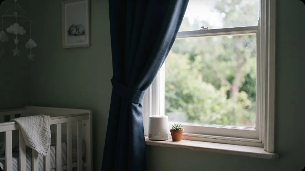 The 4-Month Sleep Regression: What It Actually Is and How to Get Through It A blackout curtain drawn over a nursery window with a small sound machine on the sill