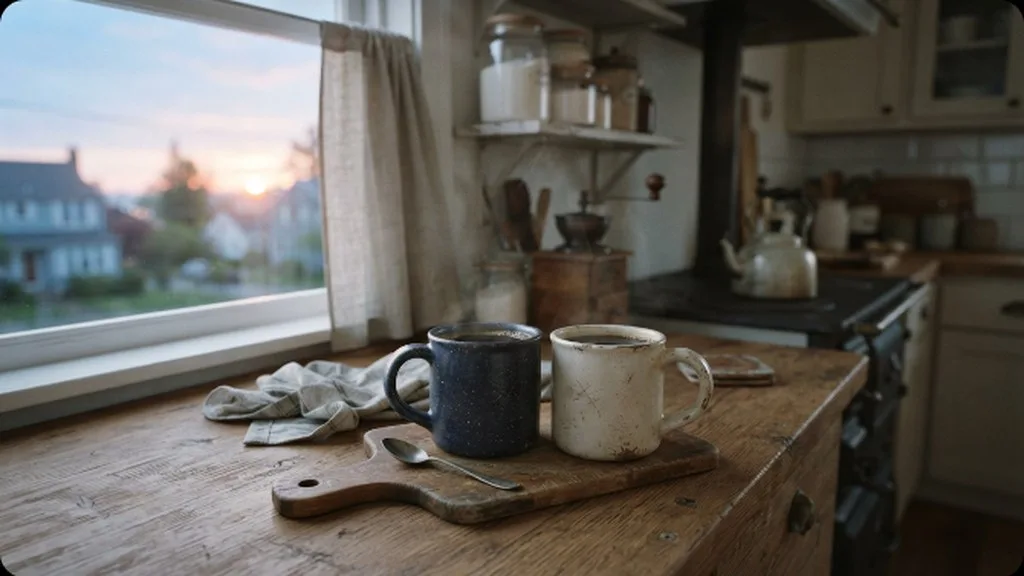 The 4-Month Sleep Regression: What It Actually Is and How to Get Through It Two coffee mugs on a kitchen counter in the soft light of early morning