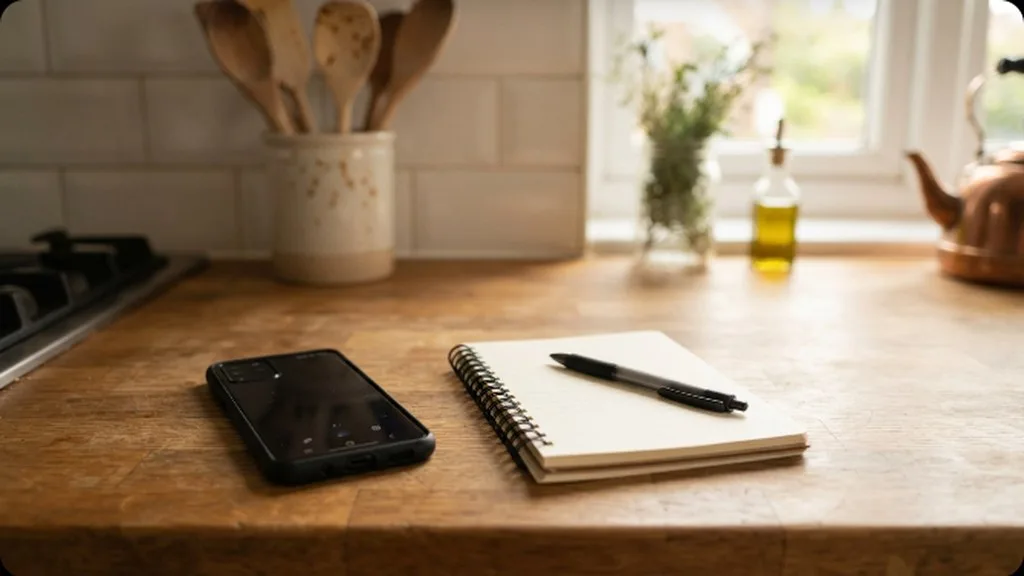 The 4-Month Sleep Regression: What It Actually Is and How to Get Through It A phone and a blank notepad with a pen on a kitchen counter